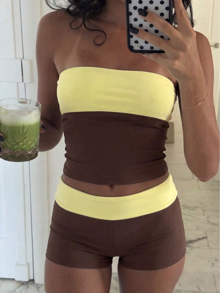 Costavie Spring/Summer New Brown & Yellow Colorblock Bandeau Set, American Vintage Hot Girl Style Beach Casual Vacation Two Pieces Set - Multicolor - View 1