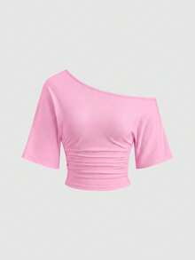 Sweetra Plus Size Women's Spring/Summer 3-Piece T-Shirt Set, Asymmetrical Shoulder Short Sleeve Asymmetrical Ruched Pleated Elegant Vintage Cute Vacation Casual Loungewear - Multicolor - View 5