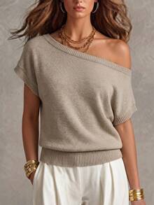 SHEIN Casual Elegant Women's Loose Asymmetric Neck Top - Khaki - View 5