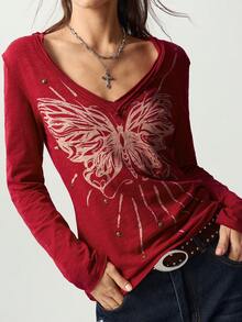 Bohemela Women's Butterfly Pattern Casual Grunge Versatile Daily Wear T-Shirt Everyday Dark Red Summer - Blue - View 1