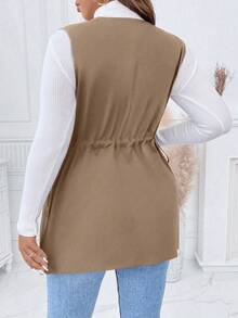 Elenzga Plus Size Spring/Autumn Casual Solid Color Sleeveless Jacket - Coffee Brown - View 2