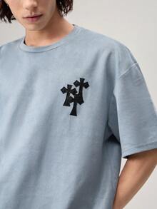 Loose Fit Men's Drop Shoulder Cross Embroidery Vintage T-Shirt, 2000s Style - Dusty Blue - View 7