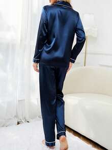 LuxeNights Contrast Binding Satin Pyjama Set - Navy Blue - View 3