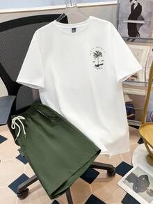 Manfinity Joysei 男士修身白色針織上衣與軍綠色梭織短褲套裝 - 軍綠色 - 查看 2