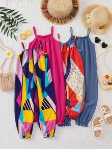 SHEIN [Random 4 Piece, Send 1 Piece]! Surprise Box!!!30% Chance Of Getting 2 Set!!Young Girl Vacation Casual Fashion Ditsy Floral Sleeveless Jumpsuit Young Girl's Vacation Casual Fashionable Ditsy Floral Chiffon Jumpsuit Young Girl Casual Fashionable Spaghetti Strap Blue Jumpsuit Squishy Summer Summer Clothes Summer Dresses - Green - View 2