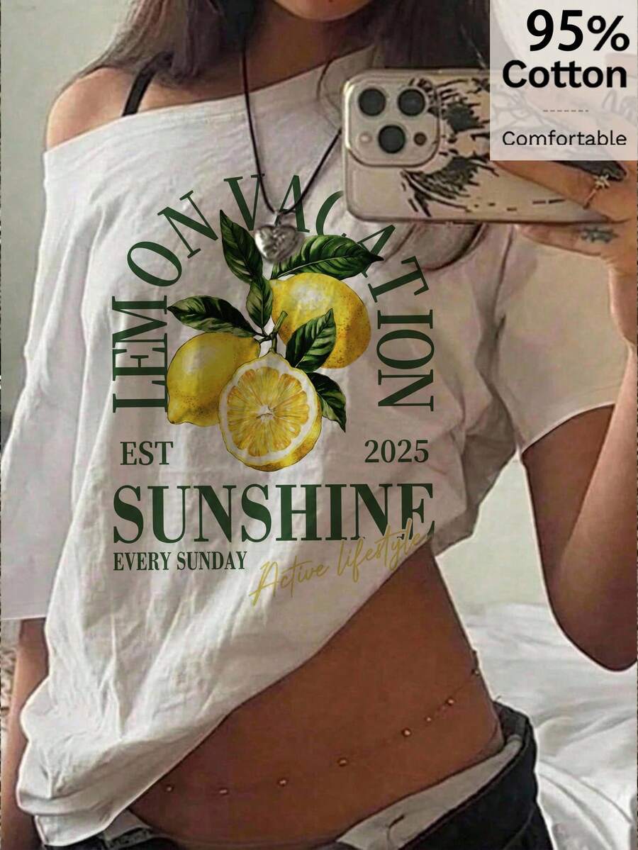 SHEIN EZwear Áo thun nữ 95% cotton dáng rộng, trễ vai, vai xuôi, tay ngắn, họa tiết chanh, phong cách thường ngày, thời trang đường phố, phù hợp đi làm hàng ngày, hẹn hò, tụ tập, mùa thu/đông, mùa hè, tiệc tùng, đám cưới, đi biển, lễ tốt nghiệp, thanh lịch, dạo phố, Y2K, trang phục lễ hội âm nhạc, quần áo nghỉ lễ, đồ đi biển - trắng - Xem 1
