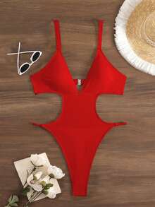 Swim SXY 全新深 V 领镂空高开叉性感露背连体泳衣，夏季 - 紅色 - 查看 3