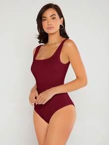 SHEIN BASICS 大尺碼女款純色方領休閒背心連身衣 - 酒紅色 - 查看 3