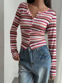 Livesso Autumn Thin Stripe Colorblock Patchwork Music Festival Casual Street Outdoor Long Sleeve Slim Fit Women's T-Shirt - Pink - View 5