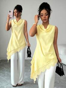 Elenzga Women's Sleeveless Cover Up With Draped Neckline And Lace Hem Splice Design, Elegant Vintage Style, Suitable For Commuting, Graduation Ceremony, Holiday Celebration, Music Festival, Mother's Day, Graduation Ball, Dating, Party, Wedding Season And Outdoor Activities, Asymmetrical Top, Asymmetrical Cover Up, Black Top, Women's Asymmetrical Cover Up, Lace Decor Top, Women's Top, Elegant Sleeveless Top - Light Yellow - View 1