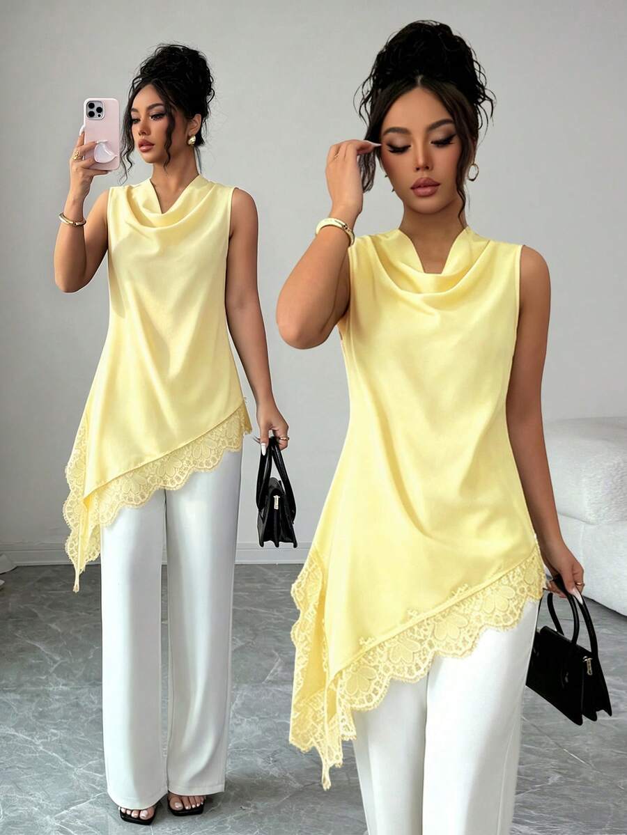 Elenzga Women's Sleeveless Cover Up With Draped Neckline And Lace Hem Splice Design, Elegant Vintage Style, Suitable For Commuting, Graduation Ceremony, Holiday Celebration, Music Festival, Mother's Day, Graduation Ball, Dating, Party, Wedding Season And Outdoor Activities, Asymmetrical Top, Asymmetrical Cover Up, Black Top, Women's Asymmetrical Cover Up, Lace Decor Top, Women's Top, Elegant Sleeveless Top - Light Yellow - View 1