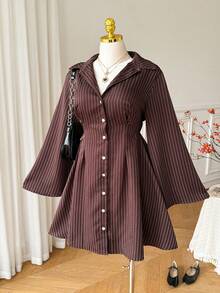 Comfortcana Damen Große Größen Herbst Winter Frühling Gestreiftes Einreihiges Hemdkleid - Braun - Übersicht 5