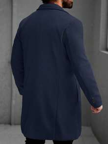 Manfinity Mode Men's Solid Color Pocket & Button Front Long Sleeve Overcoat, Autumn Fall Clothes, Winter - Navy Blue - View 2
