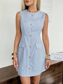 Easowa Round Neck Button Front Shell Trim Sleeveless Cinched Waist A-Line Dress Blue And White Striped Summer Women's Short Dress Teachers' Day Office - Blue and White - View 8