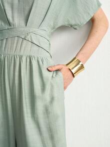 Aalyst Sage Green Linen Relaxed Elegant, Suitable For Workplace Brunch And Daily Wear Crossover Waist Wide Leg Jumpsuit, Luxurious Skin-Friendly Pants Summer - Green - View 6