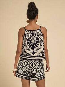 SHEIN PETITE CURVE Plus Size Women's Black White Print 2-Piece Casual Set, Beige, Summer, Boho, Vacation, Holiday, Beach Vacation, Beach Vacation Outfits, Bohemian Style - Black - View 2