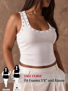 SHEIN Tall CURVE 大码女式铆钉贴花纯白色罗纹短款背心，适合休闲外出、朋友聚会、音乐节、派对、叠穿或居家休闲穿着。白色背心，白色贴花背心，女士休闲白色背心，白色背心 - 白色 - 查看 4