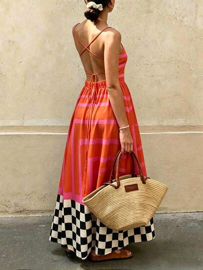 Vaclyn Bohemian Style Women's Casual Elegant Vacation Colorblock English Letter & Latin Fish Print Sleeveless Dress, Spring/Summer Party