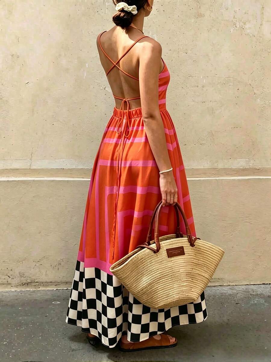 RIVANDRE Bohemian Style Breezy Boho Women's Casual Elegant Vacation Colorblock English Letter Latin Fish Print Sleeveless Dress Spring Summer Party Beach Red