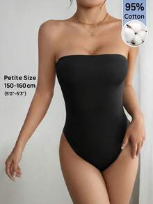 SHEIN PETITE 純色抹胸夏季時尚女款連身衣 - 黑色 - 查看 5