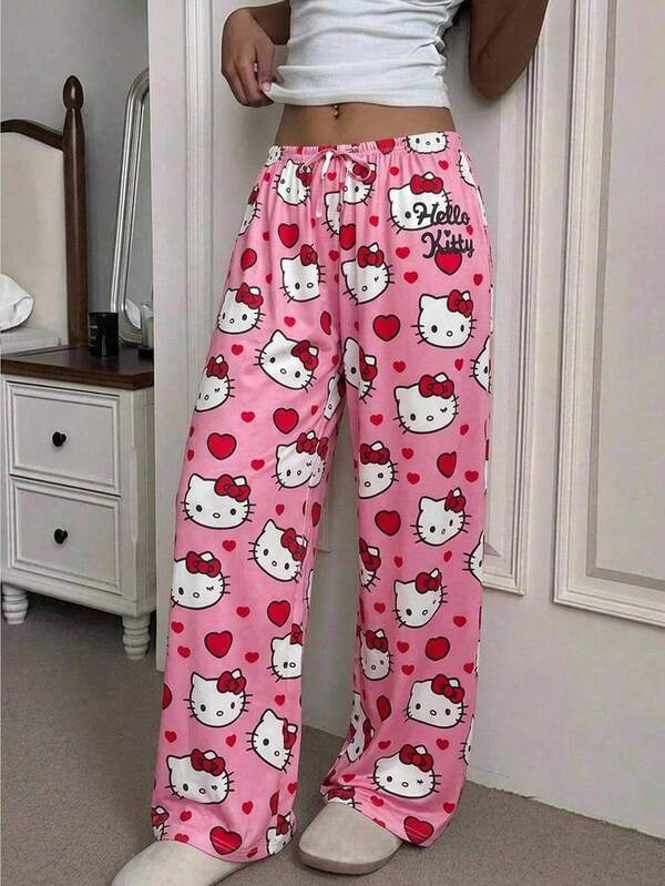 CovetEZ HELLO KITTY AND FRIENDS | SHEIN Kadın Düşük Bel Karikatür Baskılı Günlük Düz Paça Pantolon, Yaz İçin Uygun