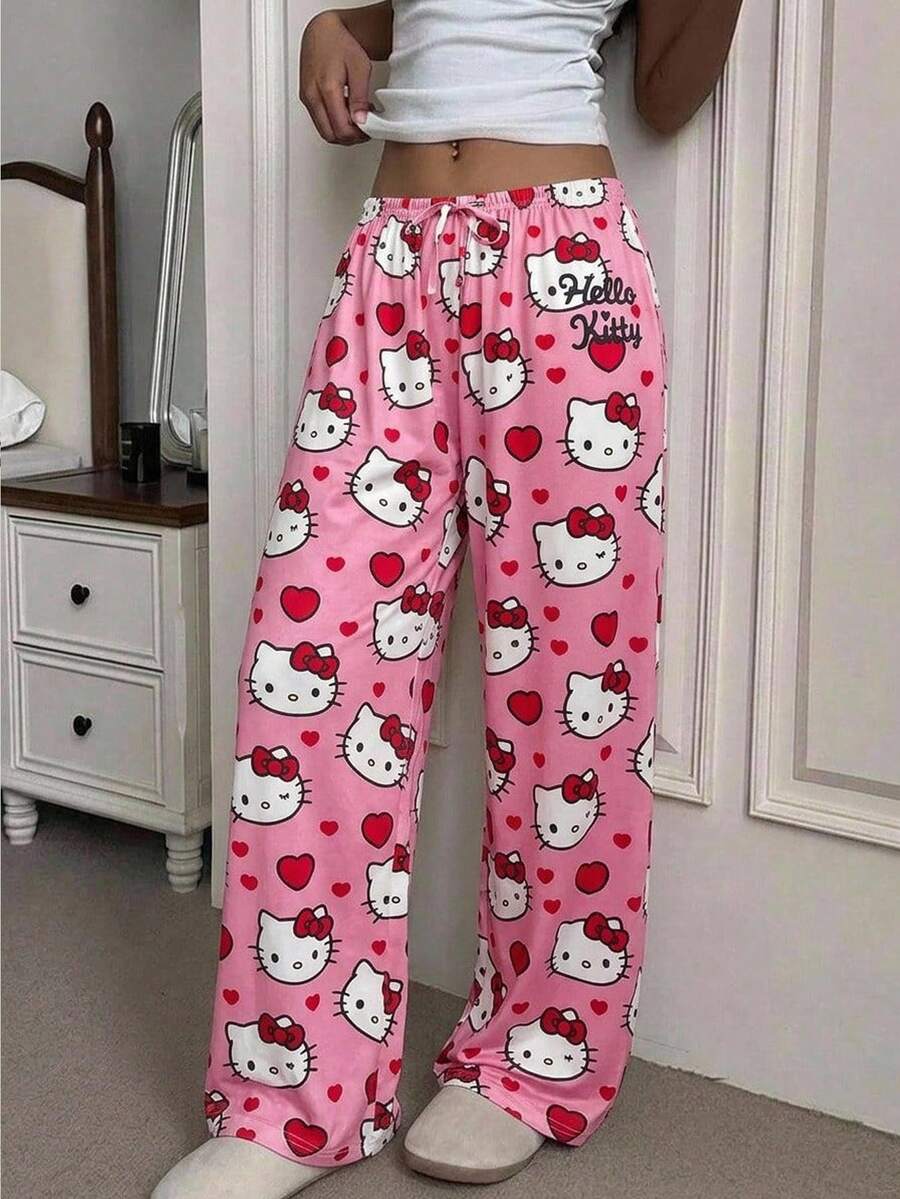 CovetEZ HELLO KITTY AND FRIENDS | SHEIN 女款低腰卡通印花休閒直筒長褲,適合夏季 - 彩色 - 查看 1