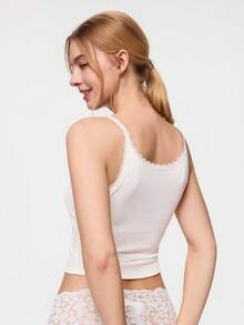Bonmuse 1pc Lace Patchwork Camisole Top With Padded Bust, Fitted Sleeveless Cropped Ribbed Tank Top, Suitable For All Seasons - White - View 2