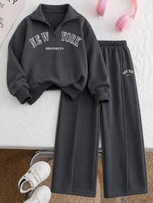 SHEIN ChillGRL 青少年女孩長袖立領保暖內裡深灰色連帽衫套裝，萬聖節秋冬風格，適合學生校園運動與樂團場景 - 灰色 - 查看 5