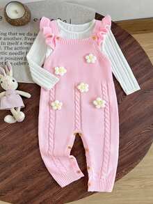 SHEIN LMoss Kids 女嬰荷葉邊連身褲，連身褲，時尚甜美套裝，女嬰針織連身褲，女嬰針織套裝，粉色女嬰連身褲，女嬰毛衣連身褲，女嬰吊帶褲，秋季女嬰服飾，冬季女嬰服飾，秋季服飾，冬季服飾，女嬰秋季毛衣套裝，女嬰冬季連身褲，女嬰毛衣套裝，粉色女嬰針織連身褲，吊帶領口，可愛荷葉邊細節，適合秋季穿著，3D花卉 - 粉色 - 查看 6