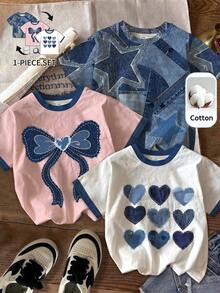 SHEIN Young Girl Knitted Heart Pattern Crew Neck Casual T-Shirt - White - View 1