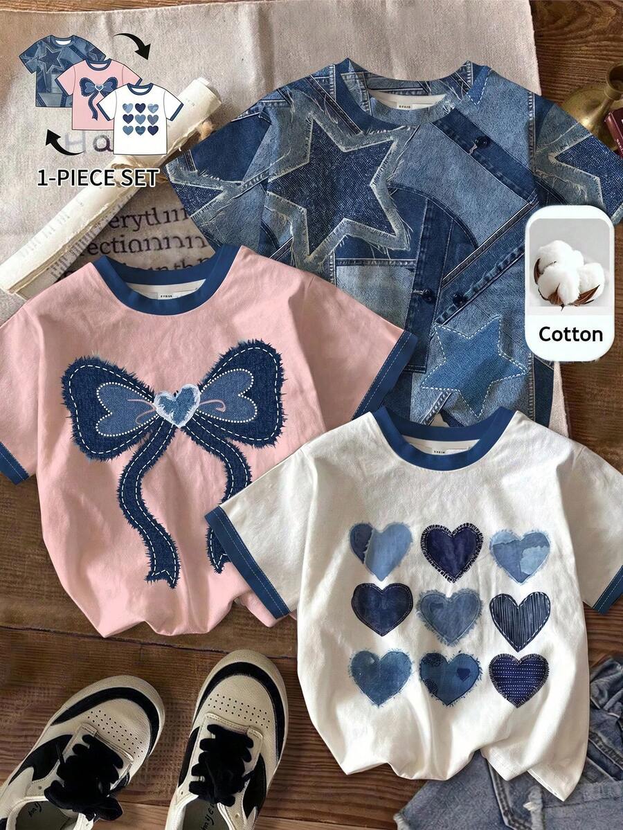 SHEIN Young Girl Knitted Heart Pattern Crew Neck Casual T-Shirt - White - View 1