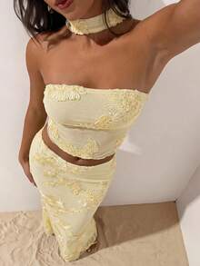 Opulessa Women's Elegant Romantic Tropical Sexy Exquisite Embroidered Halter Top And Maxi Skirt 2 Pieces Set Wedding Pale Yellow Summer Garden Party Vacation - Apricot - View 8