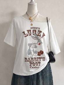 DrmWander LOONEY TUNES X SHEIN Neues 2026 Damen Y2K Sommer Lässig Locker Cartoon Stil Lustig Mode Locker Süß Muster Kurzarm T-Shirt, geeignet für Lässig Urlaub, Pendeln, Straße, Dating - Weiss - Übersicht 1