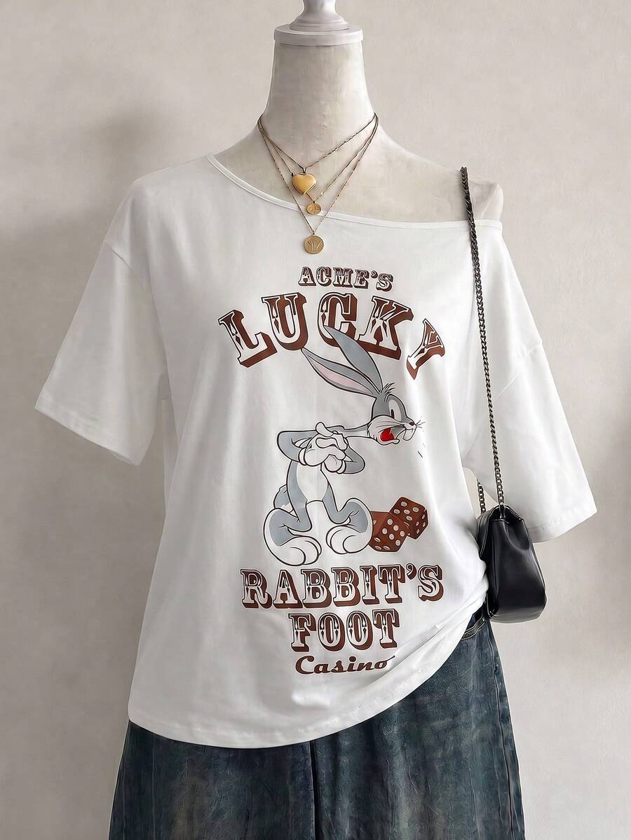 DrmWander LOONEY TUNES X SHEIN Neues 2026 Damen Y2K Sommer Lässig Locker Cartoon Stil Lustig Mode Locker Süß Muster Kurzarm T-Shirt, geeignet für Lässig Urlaub, Pendeln, Straße, Dating - Weiss - Übersicht 1