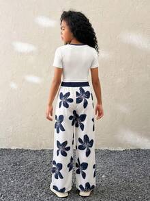 SHEIN Tween Girls 2pcs/Set Casual Comfortable Fashion Round Neck Short Sleeve Top With Elastic Waist Loose Straight Leg Pants Floral Print Versatile - Multicolor - View 2