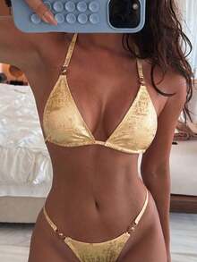 Swim Vcay 2026 Spring/Summer Triangle Cup Halter Neck Gold Foil Fabric Sunflower Metal Buckle Edge Ruffle High Cut Adjustable Sexy Bikini For Women, Suitable For Beach, Seaside And Pool - Gold - View 3
