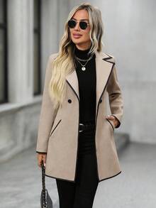 EMERY ROSE Women's Autumn/Winter Fashion Contrast Trim Overcoat - Khaki - View 3
