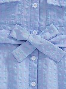 SHEIN Elladie kids Cô Gái Trẻ Kẻ sọc Ống tay áo Đầm Với thắt lưng - Màu xanh lam - Xem 9