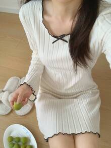 SHEIN Teen Girls Round Neck Contrast Color Ruffle Bow Long Sleeve Nightgown - White - View 2