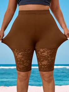 Breezaya Plus Size Versatile Contrast Lace Leggings - Brown - View 3