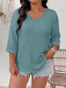 EMERY ROSE Plus Size Versatile Cotton Linen Textured V-Neck Floral Blouse Fall - Dusty Blue - View 4