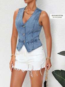 Selenza Plus Size Solid Color V-Neck Sleeveless Front Button Summer Fashion Denim Jacket - Blue - View 3