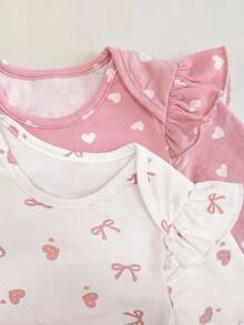 SHEIN 新生兒女嬰粉色與白色蝴蝶結愛心卡通印花連身衣套裝，附髮帶，柔軟舒適睡衣新生兒禮品套裝，女嬰連身衣結飾野花嬰兒服裝新生兒連身衣 - 粉色 - 查看 5
