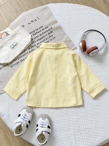 SHEIN Playful Pals 女嬰休閒格紋韓風清新可愛長袖上衣，適合春、秋、冬，外出百搭 - 黃色 - 查看 2