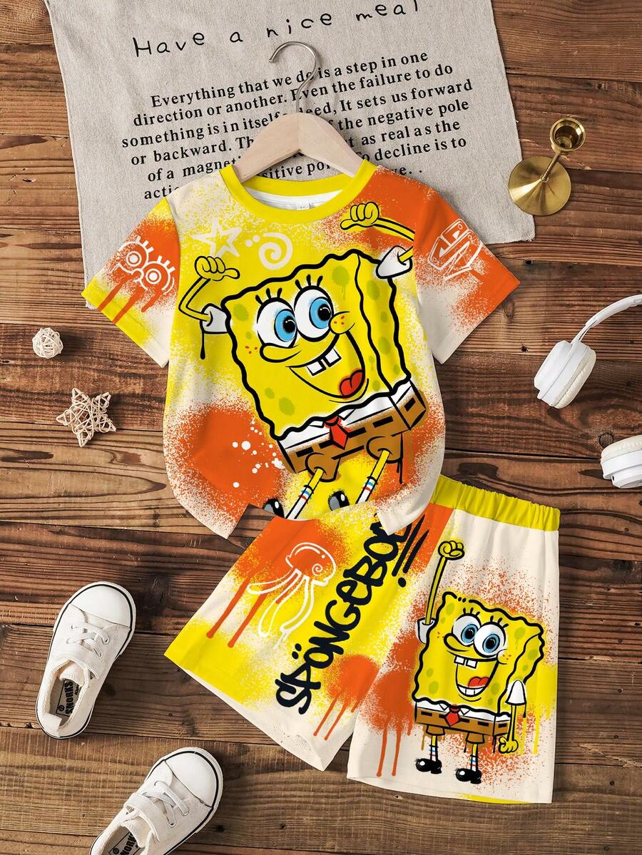 SpongeBob SquarePants | SHEIN 小男孩卡通印花短袖T恤與短褲休閒套裝 - 白色 - 查看 1