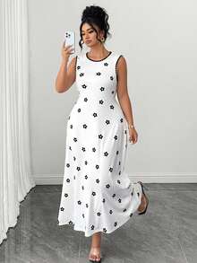 SHEIN Clasi Plus Size Women's Floral Print Round Neck Sleeveless Casual Cute Elegant Dress Brunch Dates White Summer - Black and White - View 3