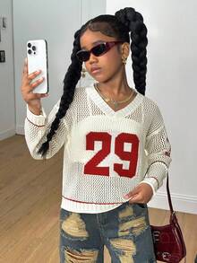 SHEIN Tween Girl V-Neck Knit Winter Sweater, Jersey Style Red Letter Graphic, Oversized Relaxed Fit Off-White, Autumn, Streetwear, Holiday, Back-To-School - Beige - View 6