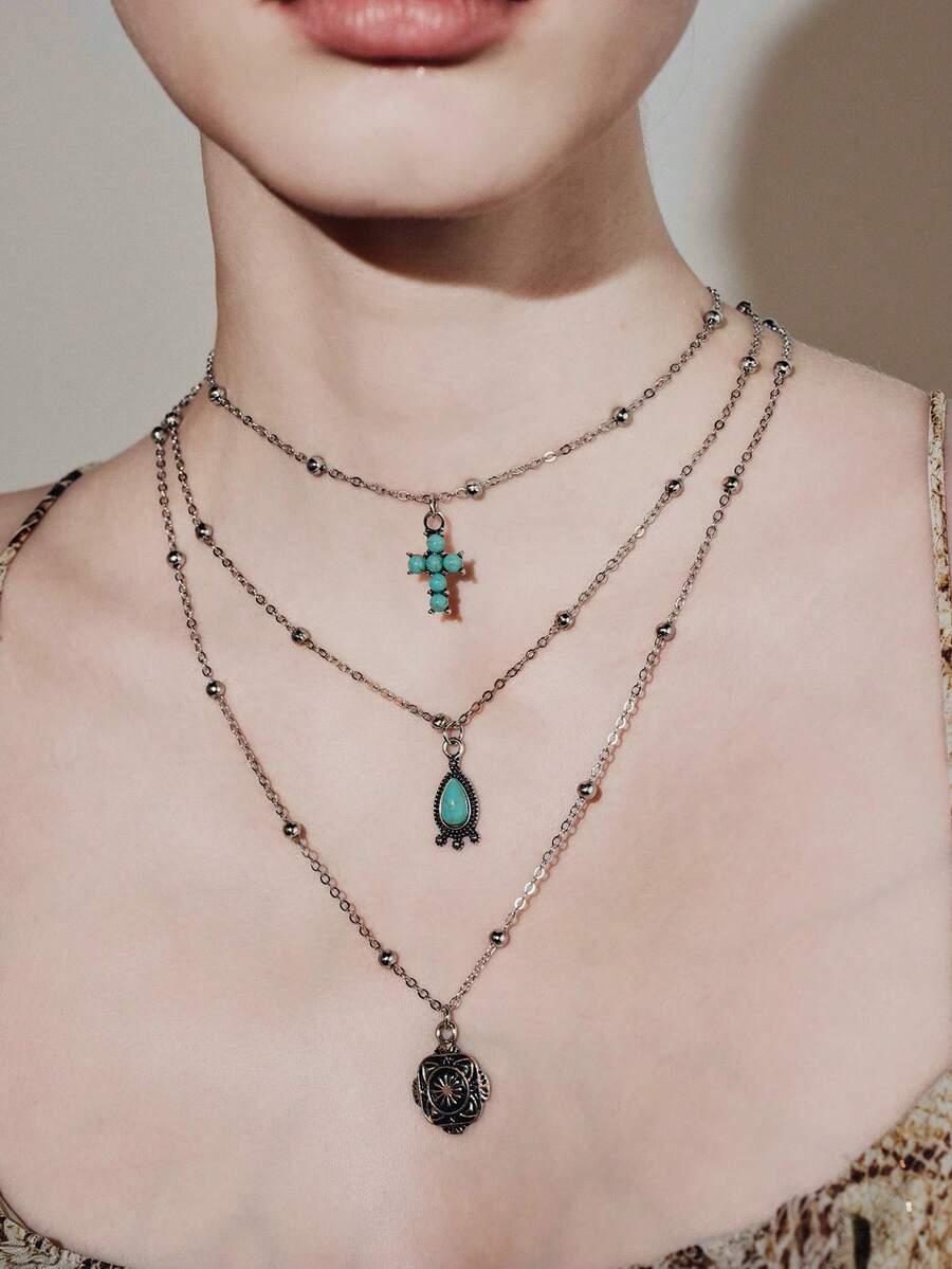 Noxbound 3pcs Turquoise Western Cowgirl Chain Necklace Set (Length May Be Trimmed, Not Counted By Bead Quantity) - Antique Silver - View 1