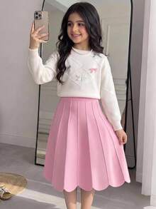 SHEIN Tween Girl 2pcs Tween Girls Outfit, Knit Sweater Paired With Cute Bow & Pleated Autumn Skirt Set, Soft & Comfortable, Suitable For Winter - Pink - View 1