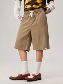 Vaulklash Loose Men's Shorts With Letter Patchwork And Drawstring Waist - Khaki - View 1